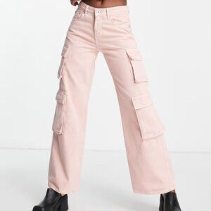 The Ragged Priest wide leg relaxed cargo jeans in baby pink
